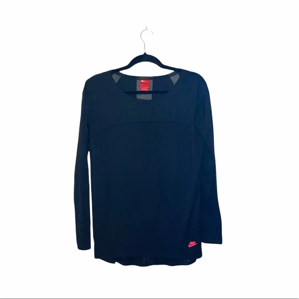 Nike Solid Black Sheer Contrast Top Crew Neck Long Sleeve Athletic Small Women’s